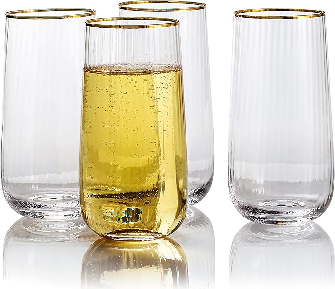 Lysenn Stemless Wine Glasses Set of 4 - Premium Hand Blown Drinking Glasses for Bubbly Wine & Champagne - Elegant Vertical Stripe and Gold Rim Champagne Flutes – Clear 17oz