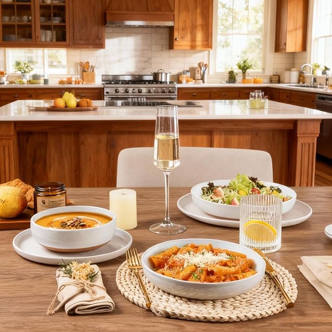 AmorArc Ceramic Dinnerware Sets for 8, 24 Pieces Handpainted Plates and Bowls Set with Rustic Terracotta Underside, Scratch Resistant Stoneware Dishes Set, Dishwasher & Microwave Safe, White