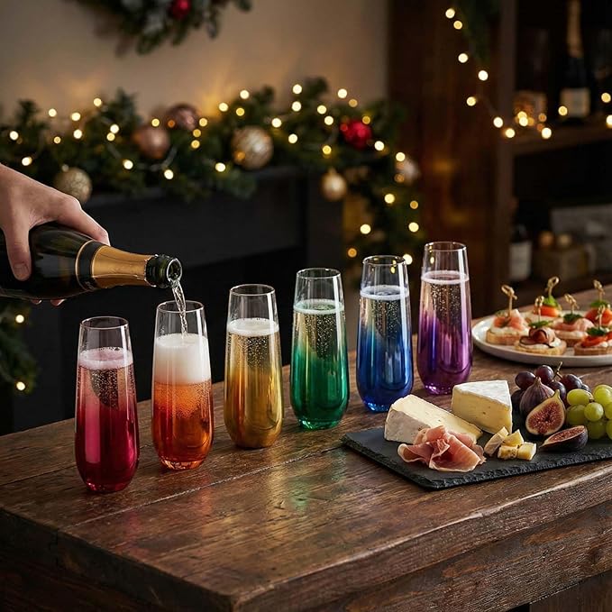 ColoVie Stemless Champagne Glasses Set of 6- Colored Champagne Flutes- Wedding Toasting Glass- Bridesmaid Gift- Mimosa Glass- Crystal Bar Glassware- Birthday Cocktail Party, 9.6oz