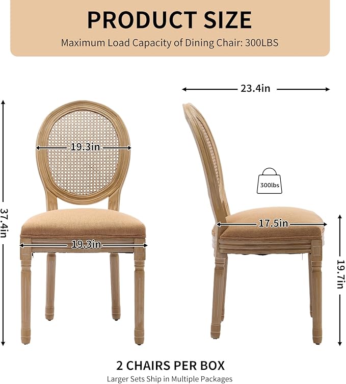Vintage French Rattan Dining Chairs Set of 6, Round Back Accent Chairs with Rattan Backrest and Upholstered Linen Seat, Solid Wood Frame Sillas de Comedor for Dining Room & Kitchen, Camel