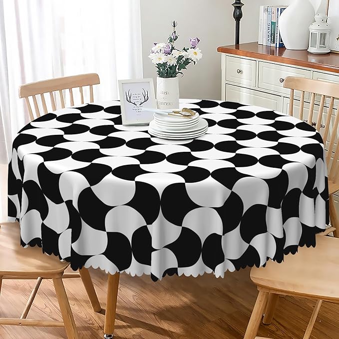 Laeacco 70 Inch Geometric Round Tablecloth Black and White Abstract Pattern Modern Art Print Table Cloth Washable Waterproof Wrinkle Free Table Cover for Kitchen Dining Picnic Party Decoration