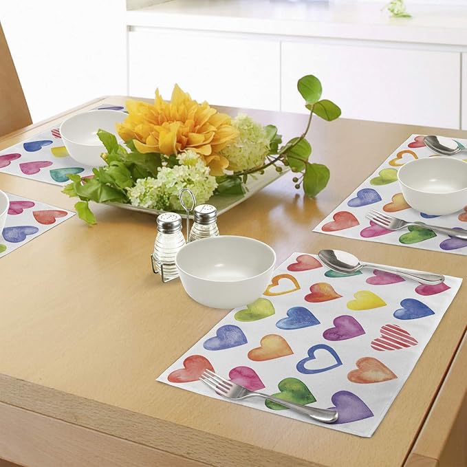 Ambesonne Grunge Place Mats Set of 4, Rainbow Color Heart Shapes Valentine's Day Design Romantic His and Hers Theme, Washable Fabric Placemats for Dining Table, Standard Size, Red Multicolor