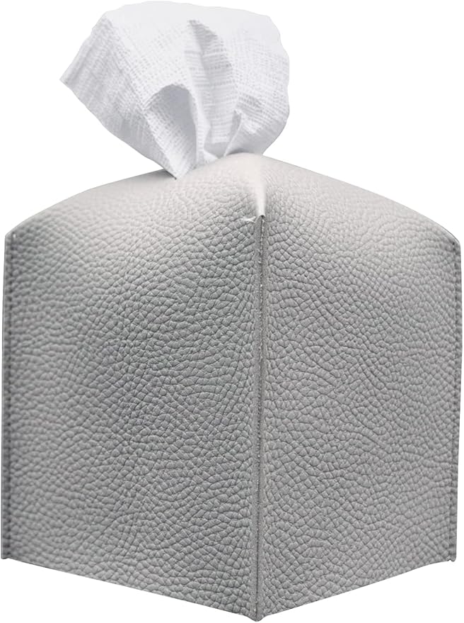 Carrotez Tissue Box Cover, [Refined] Modern PU Leather Square Tissue Box Holder - Decorative Organizer for Bathroom Vanity Countertop, Night Stands, Office Desk & Car 5"X5"X5" - Pastel Grey