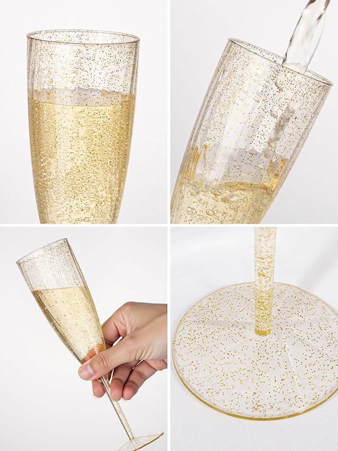 WDF 36-Pack Plastic Champagne Flutes - Gold Glitter Champagne Glasses Disposable - Perfect for Wedding Birthday Bridal Shower Valentine's Day