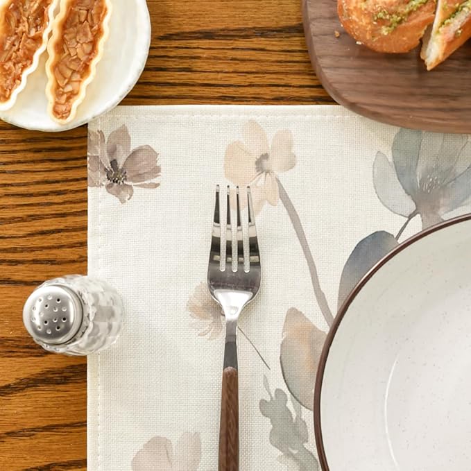 Artoid Mode Brown Poppy Floral Leaves Fall Placemats Set of 4, 12x18 Inch Seasonal Spring Table Mats for Party Kitchen Dining Decoration