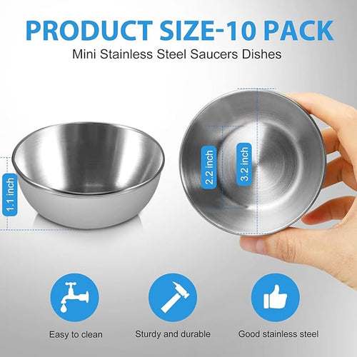 10 Pack 3.2 inch Stainless Steel Sauce Dishes 3.5 oz Mini Individual Saucers Bowl Round Seasoning Dishes Bowl Serving Appetizer Plates for Kitchen Prep Side Dish Soy Sauce Sushi Dip(10)