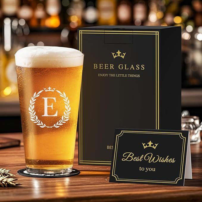 Personalized Beer Glasses Gifts for Men, 16 oz Pint Glasses Monogrammed A-Z Drinking Glass Cups Customized Gift, Unique Christmas Anniversary Birthday Gifts for Men Him Dad Brother Husband Grandpa (E)