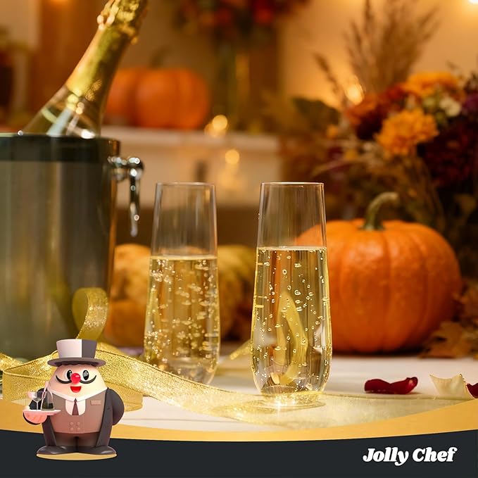 JOLLY CHEF 24 Pack Stemless Plastic Champagne Flutes 9 oz, Crystal Clear Stemless Plastic Toasting Glasses, Clear Disposable Unbreakable Drinkware Ideal for Wedding, Birthday, Party, Christmas