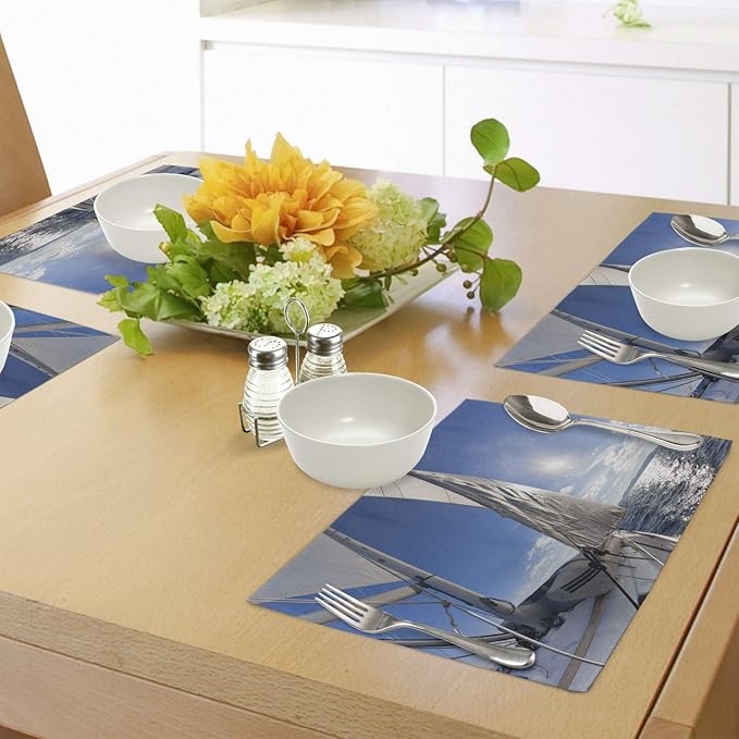 Ambesonne Sailboat Place Mats Set of 4, Sailing Boat in The Sea Maritime Speedy Beaming Sun Reflections Lifestyle Theme, Washable Fabric Placemats for Dining Room Kitchen Table Decor, Blue and White
