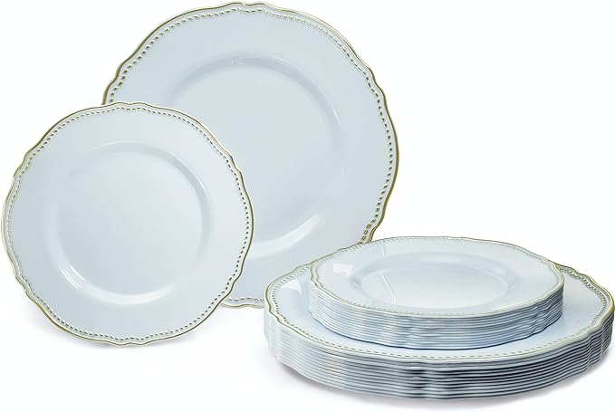 " OCCASIONS " 240 Plates Pack,(120 Guests) Heavyweight Premium Disposable Plastic Plates Set -120 x 10.25'' Dinner + 120 x 7.5'' Salad/Dessert (Rochelle Blue and Gold)
