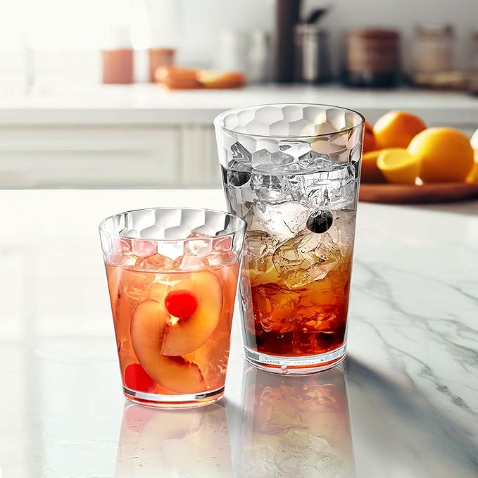 Amazing Abby Iceberg 16-Ounce and 24-Ounce Tumblers (Set of 12), Clear Drinking Glasses, Reusable Plastic Cups, Stackable, BPA-Free, Shatter-Proof, Dishwasher-Safe