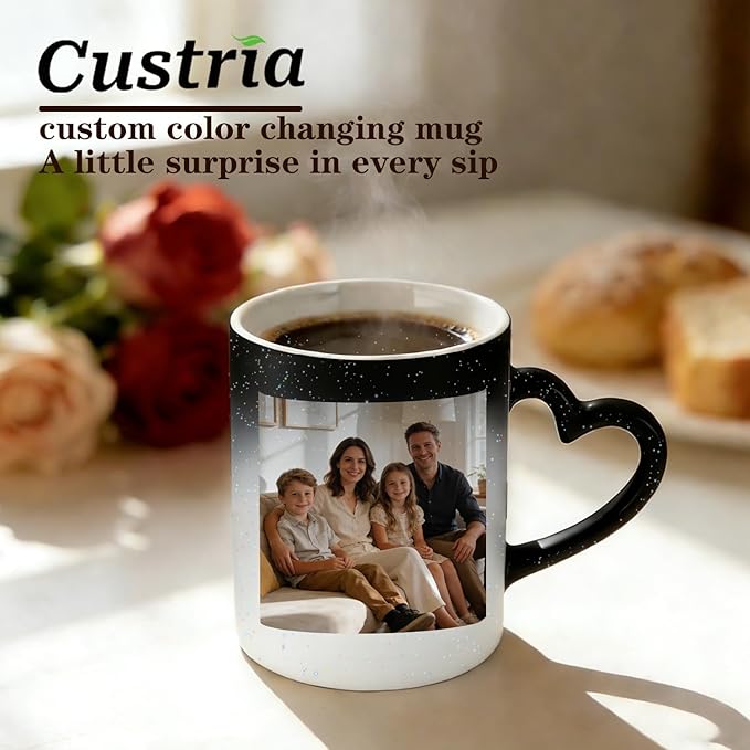 Custom Color Changing Mug,Personalized Photo Logo Text Print,Hidden Image Shows with Hot Drinks,Heart Shaped Handle Ceramic Coffee Cup,Home Office,for Valentine's Day (Black Starry)