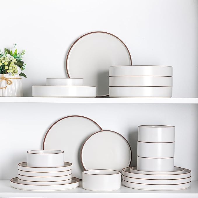 LERATIO Ceramic Dinnerware Sets for 4, High Edge Stoneware Plates and Bowls Set, Chip and Crack Resistant | Oven & Dishwasher & Microwave Safe Dishes Set, Service for 4 -Vanilla White