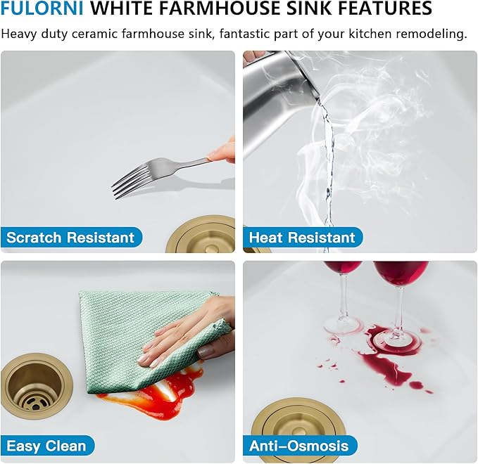 33"x20" White Farmhouse Sink Workstation – Reversible Flat Apron Front with Ledge, White Porcelain Ceramic Fireclay Single Bowl Luxury Farm Kitchen Sink Basin