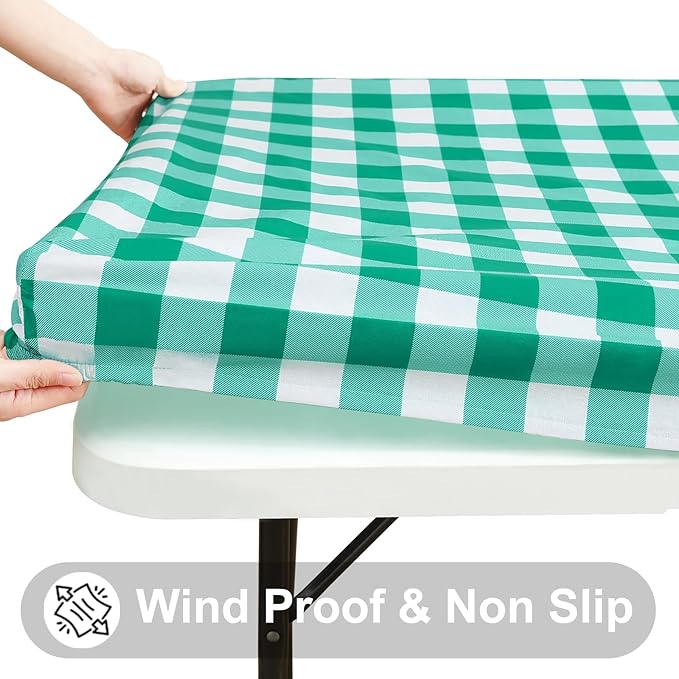 Smiry Rectangle Picnic Table Cloth, Elastic Waterproof Fitted Vinyl Tablecloths, Flannel Backed Buffalo Plaid Table Covers for Dining, Camping, Outdoor (White and Green, 30" x 48")