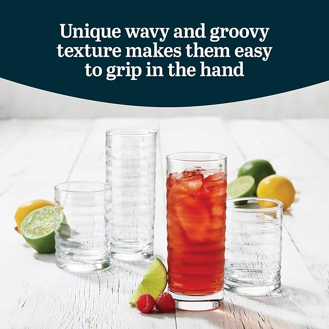 Libbey Pueblo Tumbler and Rocks Glass Set, Wavy and Groovy Drinking Glasses Set, Dishwasher Safe Glasses Drinking Set of 16 for Everyday Family Meals