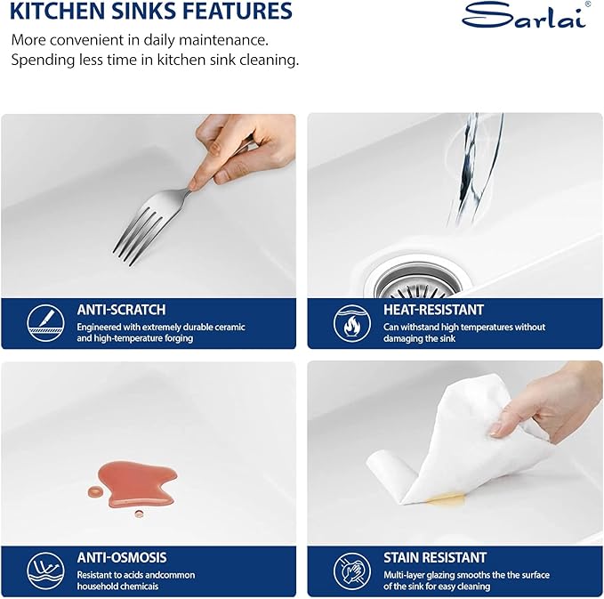Sarlai 30 Inch White Undermount Sink Fireclay 30x18 Inch White Kitchen Sink Dual Drop in & Undermount Kitchen Sinks Single Bowl Deep Porcelain Ceramic Basin