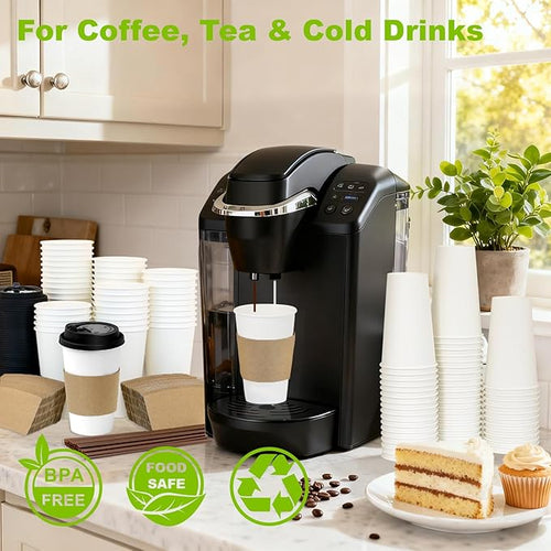 100 Pack 16 oz Disposable Coffee Cups with Lids and Sleeves, To Go Coffee Cups with Lids, Leak-Proof Hot Coffee Cups, PLA White Paper Coffee Cups for Hot Beverage