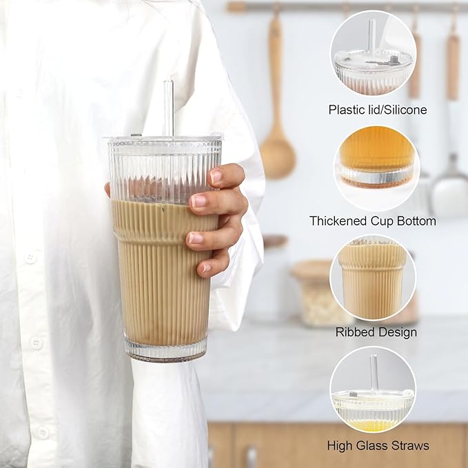 Ribbed Drinking Glasses,with Lids and Straws Glass Cup,19oz Glass cup,4 Pack Old Fashioned Glasses,Thickened for iced coffees,cocktails and juices, perfect for families and parties (4)
