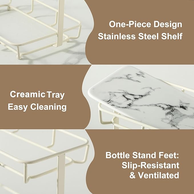 Bathroom Organizer Countertop Perfume Organizer Makeup Organizer Cosmetics Storage Display Rack Vanity Tray Dresser Stainless Steel Gold Shelf White Marble Ceramic Tray
