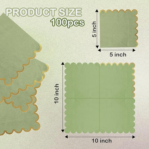 100 pack Sage Green Cocktail Napkins with Gold Foil Accents Scalloped Edges 5 x 5 inch Beverage Disposable Napkin Party Decoration Wedding Bridal and Baby Shower Dinner Lunch Supplies
