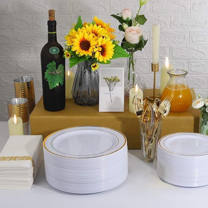 I00000 102 Pieces Gold Plastic Plates, Disposable Party Plates White Gold Rim, 51 Disposable Gold Dinner Plates 10.25 Inch and 51 Disposable Dessert Appetizer Elegant Fancy Wedding Plates 7.5 Inch