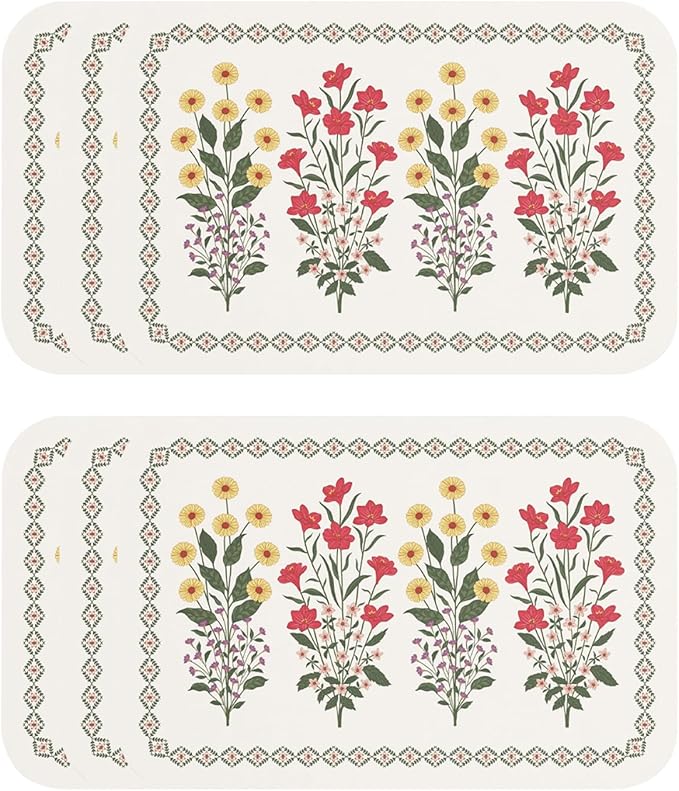 ISAENNE Design Rectangular PVC Placemats Set of 6,Colorful Floral Pattern Placemats, Waterproof and Heat-Resistant,Decoration for Kitchen, Dining, Party, Holiday,12"*17"