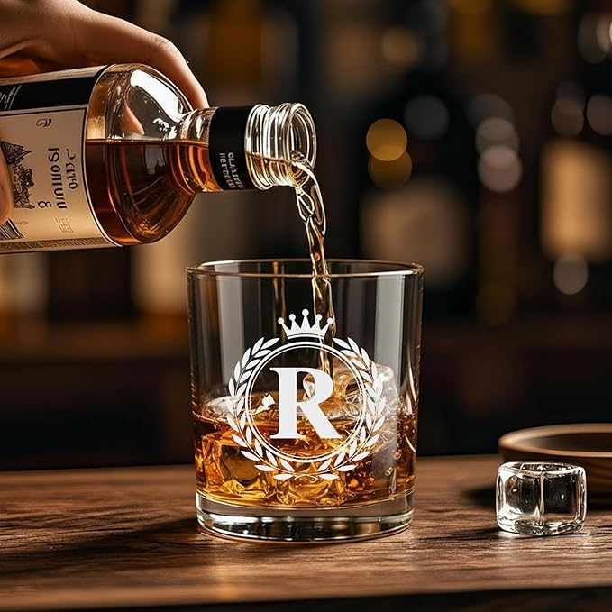 Whiskey Glasses - Rocks Old Fashioned Glass Gifts for Men, Monogrammed A-Z 10oz Personalized Whisky Glasses, Christmas Birthday Gifts for Men Him Dad Father Husband Brother Son (R)