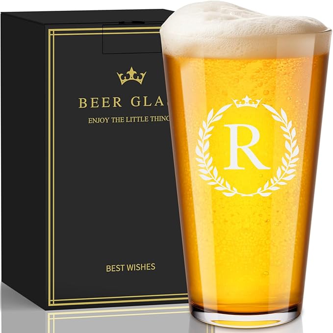 Personalized Beer Glasses Gifts for Men, 16 oz Pint Glasses Monogrammed A-Z Drinking Glass Cups Customized Gift, Unique Christmas Anniversary Birthday Gifts for Men Him Dad Brother Husband Grandpa (R)