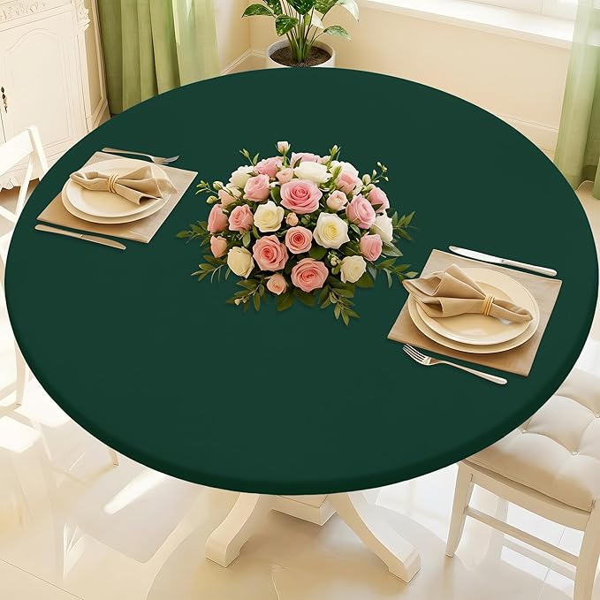 Round Spandex Tablecloth, Elastic Fitted Waterproof Tablecloths for 57"-68" Tables, Stretch Washable Picnic Table Cover for Camping, Dining, Indoor and Outdoor, Hunter Green