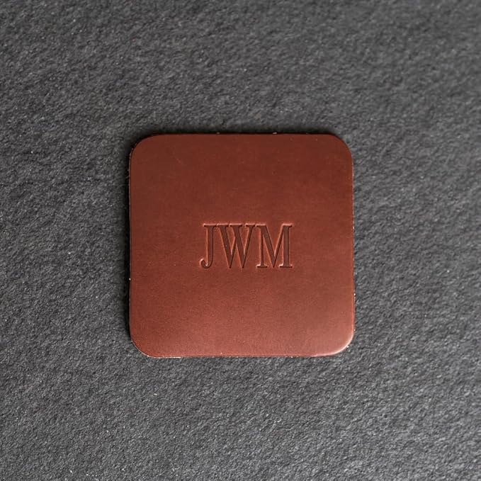 Ox & Pine Personalized Leather Coaster - Sold Individually or in Sets of 4 - Customize Inscription - 100% Full-Grain Leather – 4" Round or 4" Square (Round, Brown, 1 Individual Coaster)