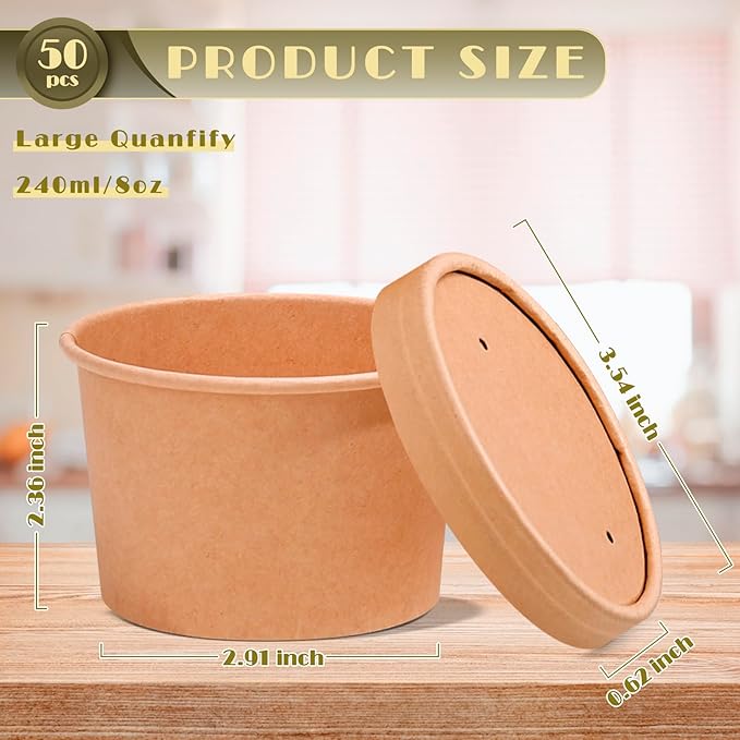 DI QIU REN 8oz Paper Soup Container Cup with Vented Lids, Disposable Paper Food Container Kraft Dessert Bowl Soup Bowls, Microwavable and Freezer Safe for Hot Soup, Ice Cream (50 Pcs - Kraft, 8 oz)