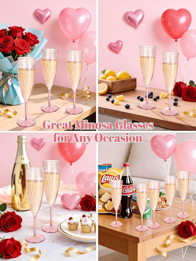 WDF 36PCS Pink Champagne Flutes Plastic - 6OZ Pink Disposable Champagne Flutes Party Supplies for Wedding Birthday Parties Valentine's Day Galentine's Day