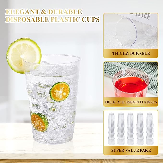 Vplus 150 Pack 12 OZ Reusable Clear Plastic Cups, Disposable Heavy Duty Plastic Cups for Party, Christmas, Wedding, Thanksgiving, Halloween