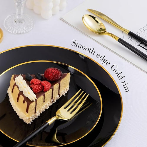 100 PCS Black Gold Plastic Plates, 7 inch Black Disposable Plates for Party, Disposable Dessert Plates for Party, Graduation, Birthday, Wedding