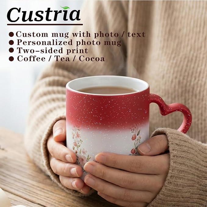 Custom Color Changing Mug,Personalized Photo Logo Text Print,Hidden Image Shows with Hot Drinks,Heart Shaped Handle Ceramic Coffee Cup,Home Office,for Valentine's Day (Red Starry)