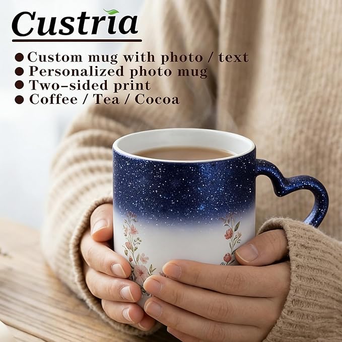 Custom Color Changing Mug,Personalized Photo Logo Text Print,Hidden Image Shows with Hot Drinks,Heart Shaped Handle Ceramic Coffee Cup,Home Office,for Valentine's Day (Dark Blue Starry)
