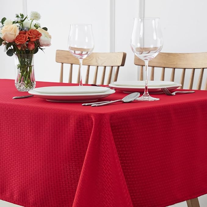 maxmill Rectangle Tablecloth Weaved Design Water Resistant Wrinkle Free Spill-Proof Soft Table Cloth for Dining Room Decoration, Banquet, Christmas Holiday Dinner, 52 x 108 Inch, Red