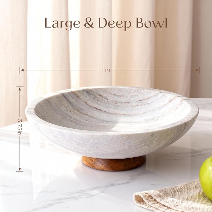 Gray Marble Fruit Bowl with Acacia Wood Pedestal, Large Decorative Footed Bowl, Natural Stone Centerpiece for Kitchen Counter, Entryway, Keys, Dining Table, House Warming Gifts New Home(11Inch)