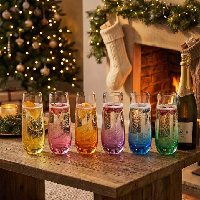 ColoVie Stemless Champagne Glasses Set of 6- Colored Champagne Flutes- Wedding Toasting Glass- Bridesmaid Gift- Mimosa Glass- Crystal Bar Glassware- Birthday Cocktail Party, 9.6oz