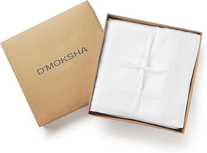 D'Moksha Homes White Linen Tablecloth 60 x 108 Inch - 100% Pure Linen White Table Cloth for Rectangle Tables - Classic Hemstitch, Machine Washable Tablecloth for Valentines, Spring, Easter