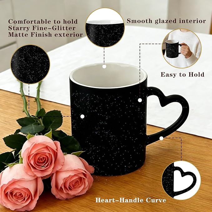 Custom Color Changing Mug,Personalized Photo Logo Text Print,Hidden Image Shows with Hot Drinks,Heart Shaped Handle Ceramic Coffee Cup,Home Office,for Valentine's Day (Black Starry)