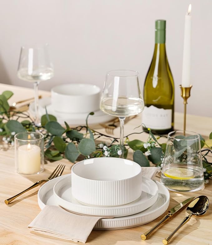 TheTerra Ceramic Dinnerware Sets with Pasta Bowls for 4, 16 Pieces Porcelain Lightweight Plates and Bowls Sets, Scratch Resistant Dish Set, Oven & Microwave & Dishwasher Safe, Bright White