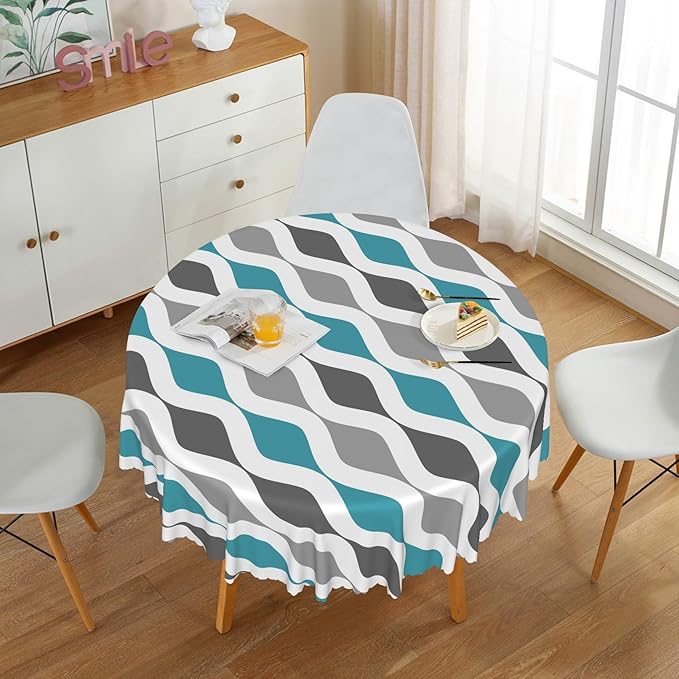 Laeacco 48 Inch Geometric Round Tablecloth Blue and Grey Waved Stripes Modern Abstract Art Print Table Cloth Washable Waterproof Wrinkle Free Table Cover for Kitchen Dining Picnic Party Decoration