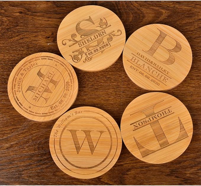 Personalized Bamboo Coasters - Custom Engraved Monogram Coasters with Holder, Great Gifts (Set of 6)