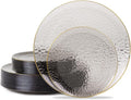 Hioasis 60pcs Black Plastic Plates - Gold Rimmed Disposable, Hammered, Heavy-duty Dinnerware Set Suitable for 30 Guests, 10.25" Dinner & 7.5" Dessert Plates for Party & Wedding