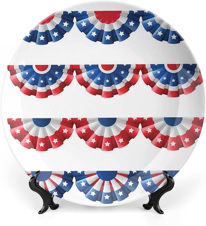Ceramic Display Plate, American Flag Decor Ceramic Hanging Decorative Plate, Flag Round Bunting Election Ornament Pattern, 8 Inch, Household Custom Ceramic Plate, Blue Red