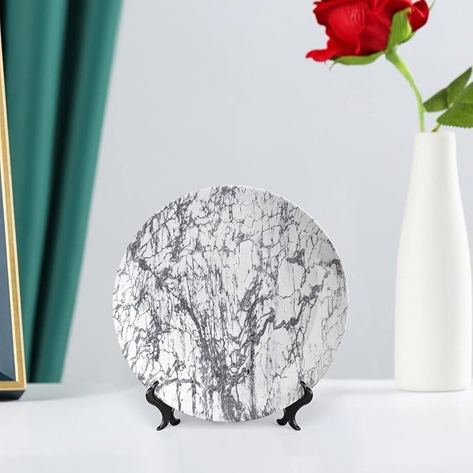 Decorative Plates, Abstract Print Ornament, Murky Marble Rock Motifs Dynamic Fractal, 8 Inch, Kitchen Wall Decor, Grey White