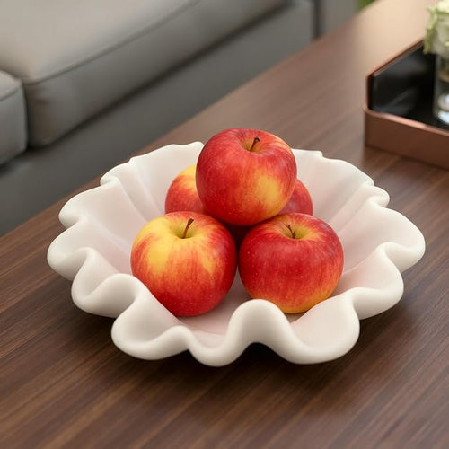 10" Large Handmade Decorative Bowl decor , Handicraft Scalloped Bowls for Modern Home Decor,Ruffle Decor,Key Bowl for Entry Table,Decorative Fruit Bowl for Kitchen Counter,Artificial Stone Milky White