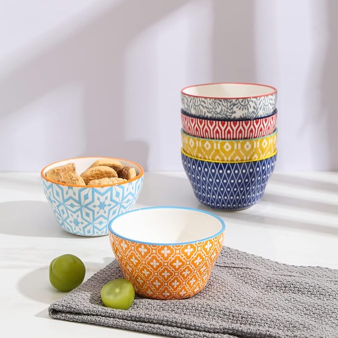 Selamica Ceramic 8oz Bouillon Cups 4 Inch Small Bowls, Dessert bowls for Soup Dipping Sauce Coffee Cupping, Microwave Dishwasher Safe, Set of 6, Assorted Colors
